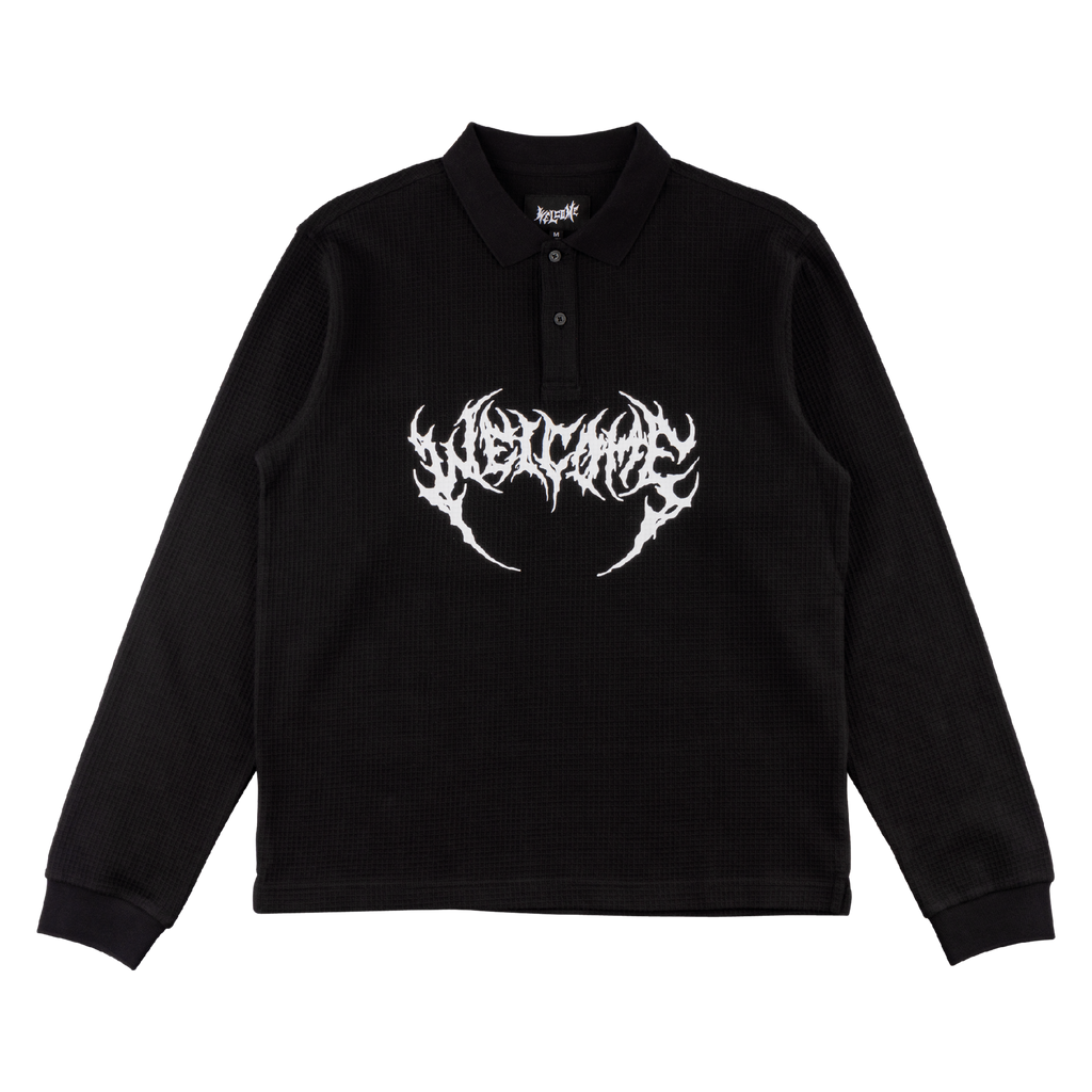 Sharp Long Sleeve Waffle-Knit Polo - Black – Welcome Skateboards