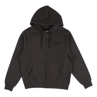 Front view of hoodie. Zip down with metal ring zipper. Left chest embroidered welcome vampire logo. Front pouch pocket.
