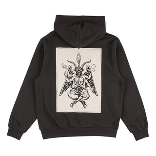 Back view of bapholit back patch zip hoodie vintage black. Large white/black 6 armed goat demon patch.