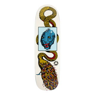 Bottom view of glam dragon on boline "bone" (offwhite). olive green/red peacock body leading into long snake body. Center is blue head of jaguar with red gums In light blue square. Talisman logo near bottom.