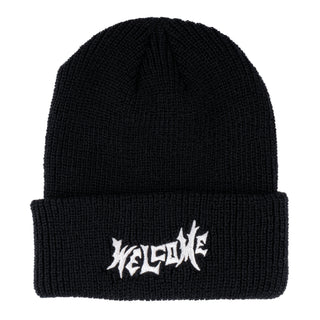 Front view of vampire embroidered beanie. black beanie with white welcome vampire logo on front.