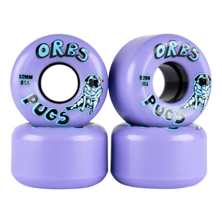 Full set view of orbs pugs lavender. Full lavender wheel with orbs/pugs written in 3d font. Sweet little pug graphic sitting side saddle and 52mm/85A in between the writing.Font color teal/black.