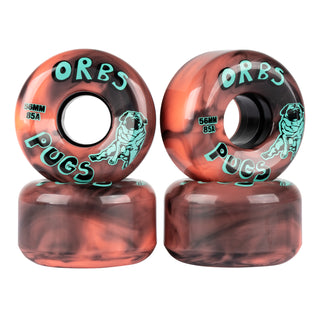 Full set view of orbs pugs coral/black. Full coral/black wheel with orbs/pugs written in 3d font. Sweet little pug graphic sitting side saddle and 56mm/85A in between the writing. Font color teal/black.