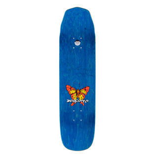 Top view of board, blue stained wood. Orange/yellow butterfly graphic over welcome logo.