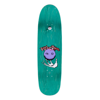 Top view of board. Teal stained wood. Welcome lightning font logo over floating purple orb with eyes, held by open hand.