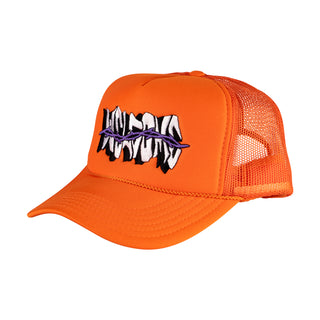 WELCOME SKATEBOARDS. ORANGE TRUCKER HAT WITH MESH BACK FOAM FRONT. SNAP CLASP. WELCOME LOGO WITH PURPLE THORNS ACROSS LOGO ON FRONT. ORANGE BRAID ALONG BILL.