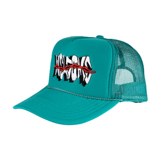 WELCOME SKATEBOARDS. JADE TRUCKER HAT WITH MESH BACK FOAM FRONT. SNAP CLASP. WELCOME LOGO WITH RED THORNS ACROSS LOGO ON FRONT. JADE BRAID ALONG BILL.
