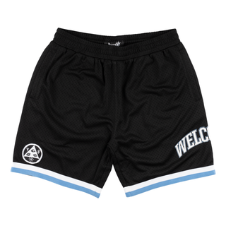 Front view of league mesh basketball shorts black/slate. Elastic waist. right thigh embroidered talisman logo, left thigh (on side) screen print "welcome" logo. Elasticated white and slate stripes at leg openings.