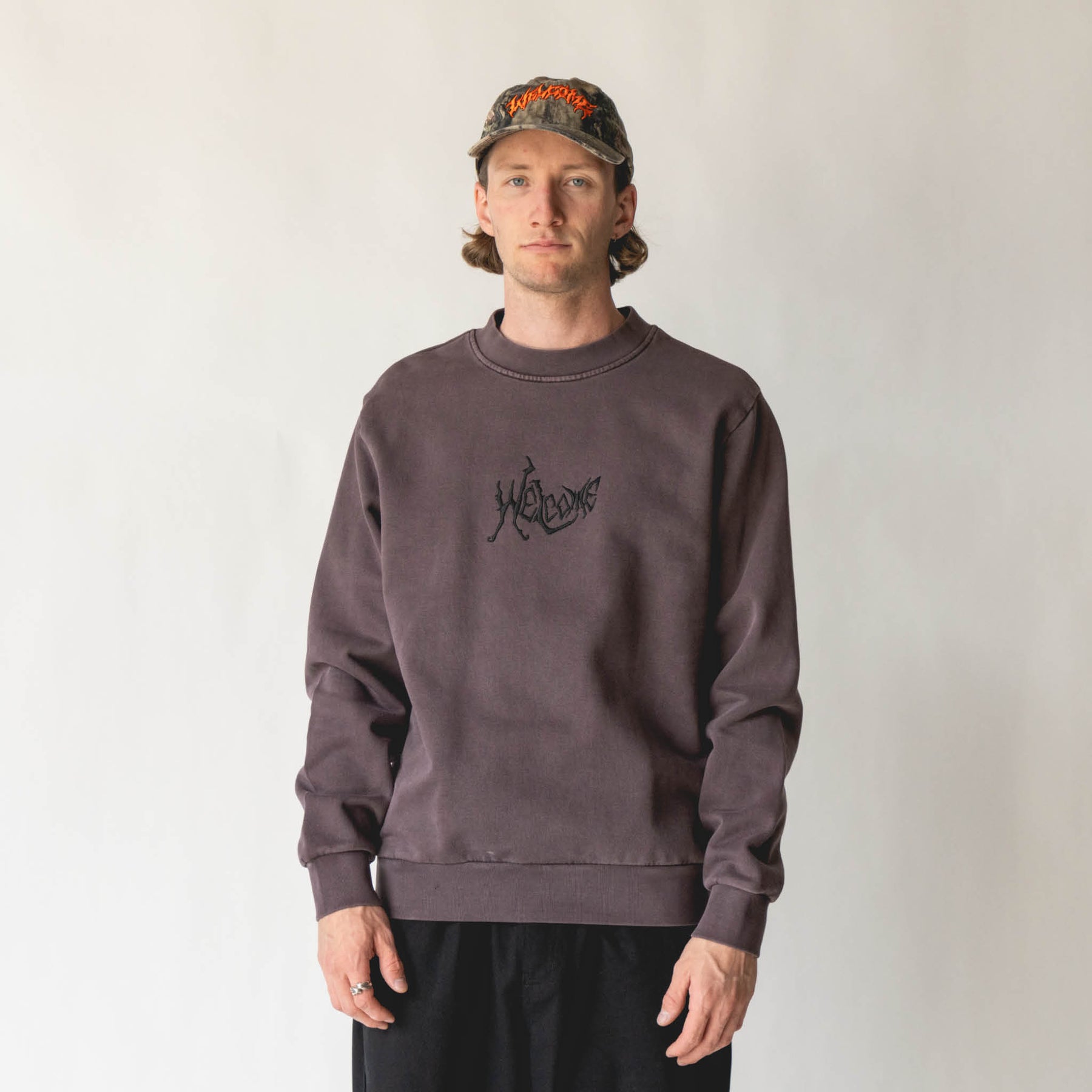 Spine Embroidered Pigment-Dyed Crew - Raisin – Welcome Skateboards