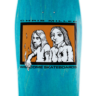 Bottom view of blue stain variant, Couple sitting inside window, Chris miller written on top, welcome skateboards below.