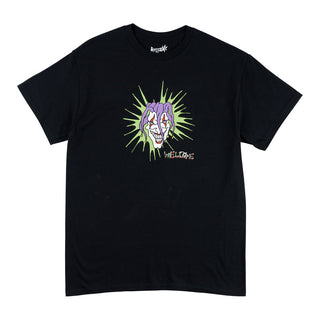 Front view of jester tee black. Smiling jester with green aura background. Purple jester cap. Welcome logo underneath jester. 