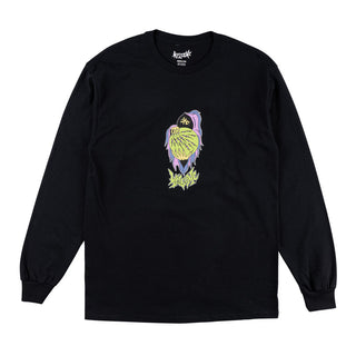 Front view of cloak long sleeve tee black. Center chest multicolored cloaked entity holding green orb with purple lightning bolts. Green welcome logo below.