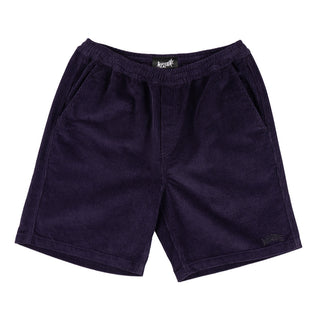 Front view of hydra corduroy shorts "eggplant" (dark purple). Two side pockets, elastic waist. Embroidered welcome droop logo at short opening.