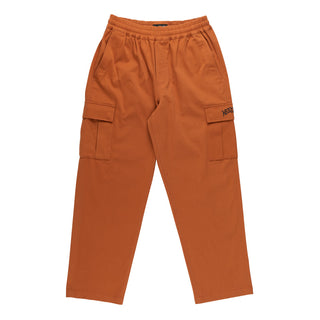Front view of principal elastic waist twill cargo pant "umber" (burnt orange). Two side pockets, elastic waist band. Two thigh cargo pockets. Left cargo pocket black embroidered welcome droop logo on flap.