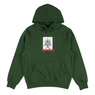 Front view of coagula tyvek patch pullover hoodie dark green. Center chest 6 armed goat demon graphic patch over red embroidered welcome metal logo. Front pouch pocket.