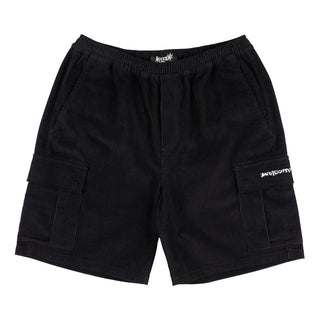 Front view of chamber corduroy cargo shorts black. Two side pockets, elastic waist. Two thigh cargo pockets with hidden snap closures, left pocket white embroidered welcome logo on flap.