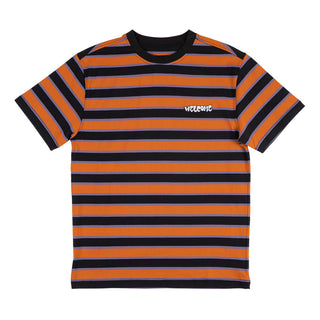 Front view of cooper yarn-dyed short sleeve knit "umber" (burnt orange). umber stripes with black stripes, smaller purple stripes in between. Left chest white embroidered welcome bubble logo.