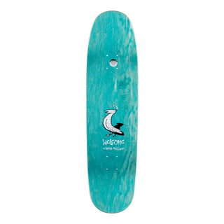 Top view of board, teal stain. Bird with halo over welcome and chris miller logo.