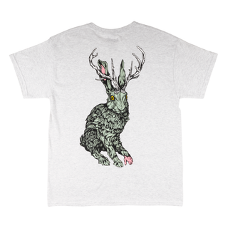 Back view of thumper tee ash heather. Sage green rabbit with antlers.