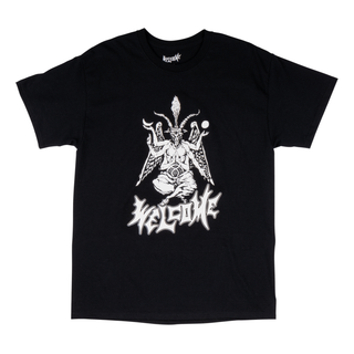 Front view of high magic tee black. bapholit graphic, Goat demon with six arms over welcome logo.