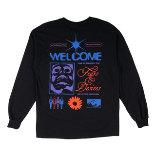 Back view of desire long sleeve tee black. Collage of different artwork with blue/purple/orange colors.