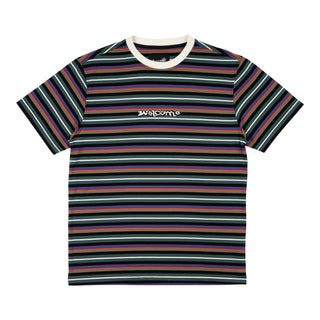 Front view of surf stripe yarn-dyed short sleeve knit shirt forest. White crewneck. forest/white/purple/orange/black/olive alternating thin stripes. Center chest embroidered welcome logo.