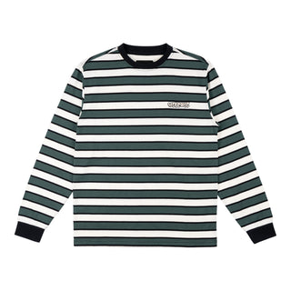 Front view of cooper stripe yarn-dyed long sleeve knit shirt spruce. Black crewneck and elastic wrists. horizontal white and spruce stripes with black outlines. Left chest embroidered welcome bubble logo.