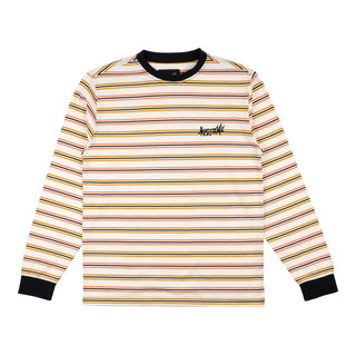 Front view of palmer stripe yarn-dyed long sleeve knit shirt bone (off-white). Black crewneck and elastic wrists. Small orange and mustard stripes alternating between thin black stripe. Left chest embroidered welcome vampire logo.