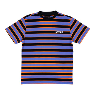 Front view of cooper yarn-dyed short sleeve knit baja blue (purple/blue). Purple/blue stripes alternating with black stripes outlined with orange. Left chest embroidered welcome bubble logo.