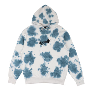 Front view of inkblot tie-dye pullover hoodie "bone/mist" (off-white/pale blue). Center chest black embroidered welcome vampire logo. Pale blue inkblot stains all over hoodie.