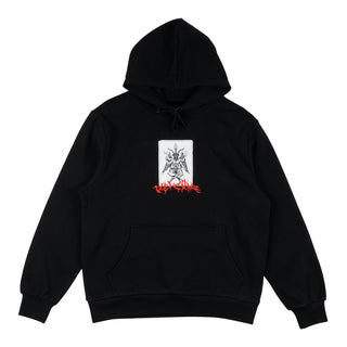 Front view of coagula tyvek patch pullover hoodie black. Bapholit graphic printed Tyvek patch at center chest. Embroidered red welcome lightning font logo underneath bapholit graphic.