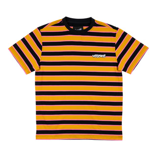 Front view of cooper yarn-dyed short sleeve knit shirt gold. Black crewneck. Gold stripes alternating with black stripes with pink outline. Left chest embroidered welcome logo.