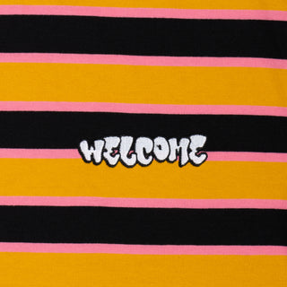 Up close view of embroidered welcome logo.