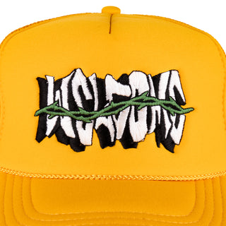 UP CLOSE WELCOME SKATEBOARDS. GOLD TRUCKER HAT WITH MESH BACK FOAM FRONT. SNAP CLASP. WELCOME LOGO WITH GREEN THORNS ACROSS LOGO ON FRONT. GOLD BRAID ALONG BILL.