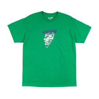 front view of flames tee green. Purple fire welcome logo above group of white flaming skulls.