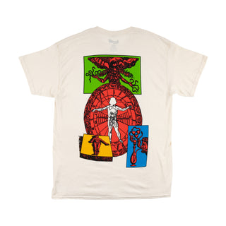 Back view of meditation tee bone "off-white". Collage of ancient meditation chart and body diagrams in primary colored boxes.