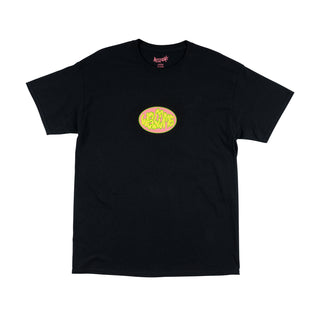 Front view of cramp tee black. Center chest green/yellow bubble welcome logo inside pink oval.