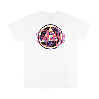 Back view of tali bubble tee white. Black/cream talisman logo with purple accents; bubble welcome logo in red over it.