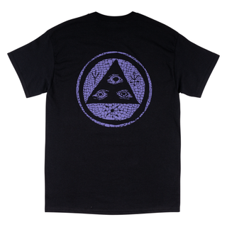 Back view of tali croc tee black with puff print. Talisman logo in purple crocodile skin puff print.