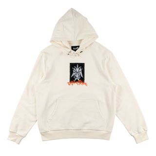 Front view of coagula canvas patch pullover hoodie (off-white) "bone". Front center chest, Black canvas patch with Bapholit graphic print and contrast stitch. Welcome logo embroidered below patch, orange. Front pouch pocket, ribbed waistband and cuffs.