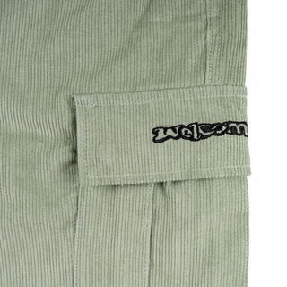 Close up of black logotype on cargo pocket flap.