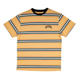 "Wheat" colored short sleeve knit tee with black collar. Big stripes made of smaller orange, black, light teal, and white across the shirt. "WELCOME" logo left chest in droopy black font.