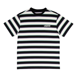 Black and (off-white) "bone" striped short sleeve shirt. Welcome embroidered bubble logo on chest (Left). Large stripes from smaller black, mint, and lavender stripes. Black lined collar.